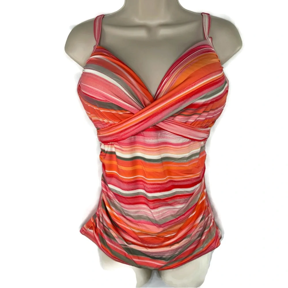 Coco Reef Pink and Orange Tankini Set Swimsuit with Ruched Detail size 34DD - Picture 3 of 11